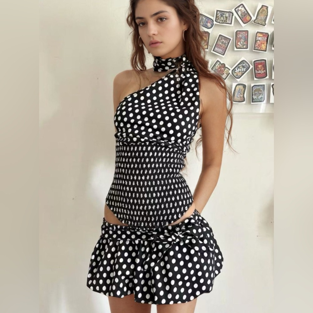 NWT Polka Dot One-Shoulder Smocked Top & Ruffled Mini Skirt Set - Size S-L